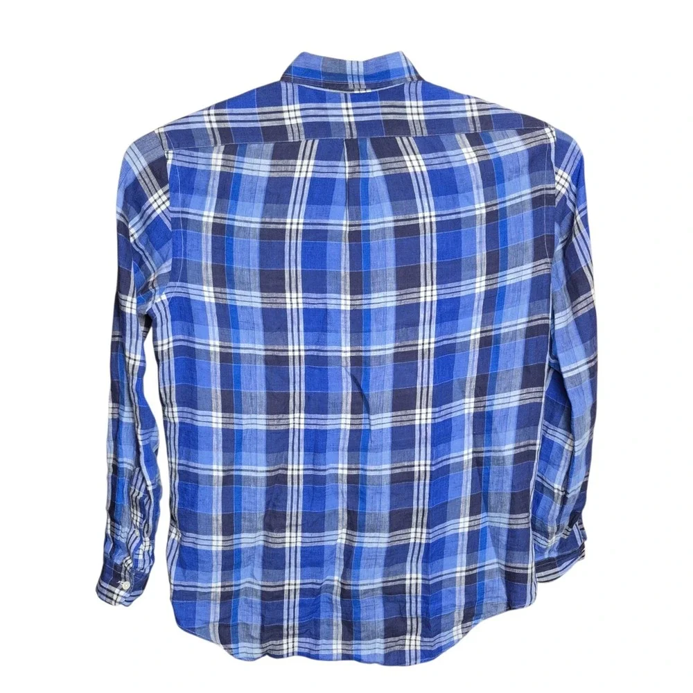 Ralph Lauren Men's L‎ Linen Plaid Button Down Shirt Blue Preppy
